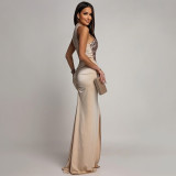 Women Sequined Patchwork Stretch Satin Sexy Backless Slit Dress