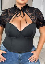 Plus Size Women Sexy Lace See-Through Lace-Up Top T-shirt