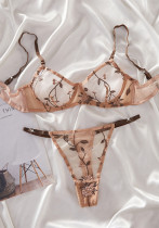 Women French Floral Embroidery See-Through Bra Lingerie Two-Piece Set