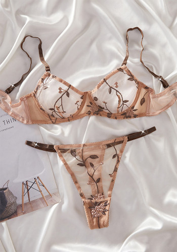 Women French Floral Embroidery See-Through Bra Lingerie Two-Piece Set