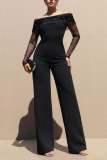 Women Casual Off-Shoulder Pearl Mesh Long-Sleeve Wide-Leg Jumpsuit