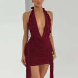 Women Winter Sexy V-Neck Halter Neck Backless Bodycon Dress