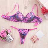 Women French Lace Floral Hollow-Out Bra Lingerie Two-Piece Set