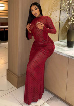 Women Pleated Printed Polka Dot Round Neck Long-Sleeve Formal Party Bodycon Dress