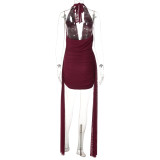 Women Winter Sexy V-Neck Halter Neck Backless Bodycon Dress