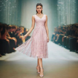 Women Pink V-Neck Backless Formal Party Evening Dress