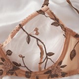 Women French Floral Embroidery See-Through Bra Lingerie Two-Piece Set