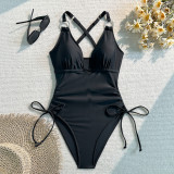 Women Sexy Solid Drawstring One-Piece Swimsuit