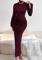 Women Sexy Solid Pleated Maxi Dress