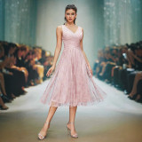 Women Pink V-Neck Backless Formal Party Evening Dress