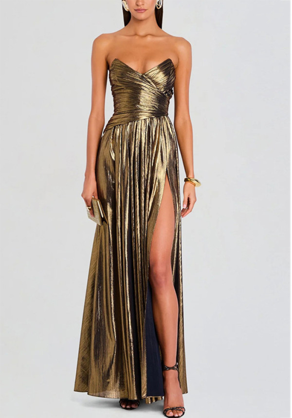 Women Strapless Ruffled Slit Sleeveless Dress
