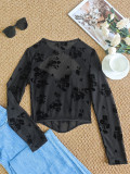 Women Mesh Long-Sleeve Lace Bodysuit Top