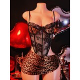 Women Sexy Leopard Print Patchwork Lace Backless Set