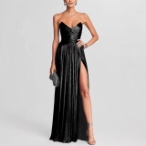 Women Strapless Ruffled Slit Sleeveless Dress