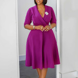 Women Elegant Solid Turndown Collar African Dress