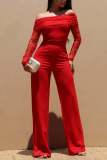 Women Casual Off-Shoulder Pearl Mesh Long-Sleeve Wide-Leg Jumpsuit