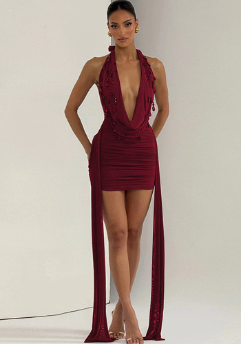 Women Winter Sexy V-Neck Halter Neck Backless Bodycon Dress