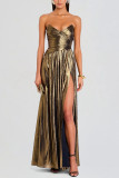 Women Strapless Ruffled Slit Sleeveless Dress