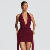 Women Winter Sexy V-Neck Halter Neck Backless Bodycon Dress