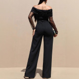 Women Casual Off-Shoulder Pearl Mesh Long-Sleeve Wide-Leg Jumpsuit