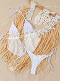 Women Solid Backless Double Rope Beaded Swimsuit Two-Piece Set