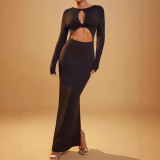 Women Hollow-Out Solid Long-Sleeve Maxi Dress