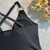 Women Sexy Solid Drawstring One-Piece Swimsuit