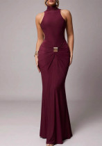 Women High-Neck Sleeveless Solid Pleated Sexy Bodycon Dress