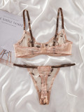 Women French Floral Embroidery See-Through Bra Lingerie Two-Piece Set