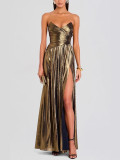 Women Strapless Ruffled Slit Sleeveless Dress