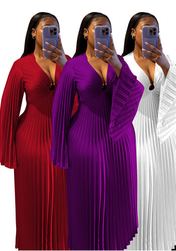 Women Solid V-Neck Pleated Long-Sleeve Elegant Dress