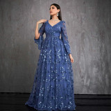 Women Sequined Long-Sleeve Blue V-Neck Party Evening Dress