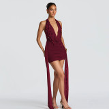 Women Winter Sexy V-Neck Halter Neck Backless Bodycon Dress