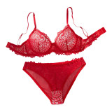 Women French Lace Printed Bra Triangle Panties Lingerie Two-Piece Set