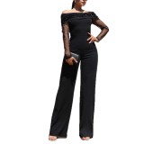 Women Casual Off-Shoulder Pearl Mesh Long-Sleeve Wide-Leg Jumpsuit