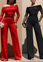 Women Casual Off-Shoulder Pearl Mesh Long-Sleeve Wide-Leg Jumpsuit