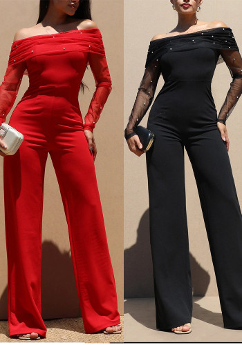 Women Casual Off-Shoulder Pearl Mesh Long-Sleeve Wide-Leg Jumpsuit