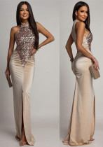 Women Sequined Patchwork Stretch Satin Sexy Backless Slit Dress
