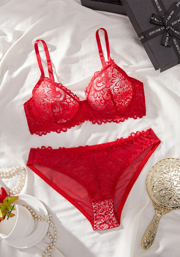 Women French Lace Printed Bra Triangle Panties Lingerie Two-Piece Set