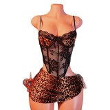 Women Sexy Leopard Print Patchwork Lace Backless Set