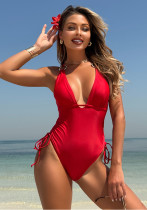 Women Sexy Solid Drawstring One-Piece Swimsuit