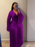 Women Solid V-Neck Pleated Long-Sleeve Elegant Dress