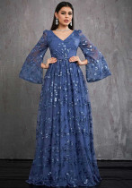 Women Sequined Long-Sleeve Blue V-Neck Party Evening Dress