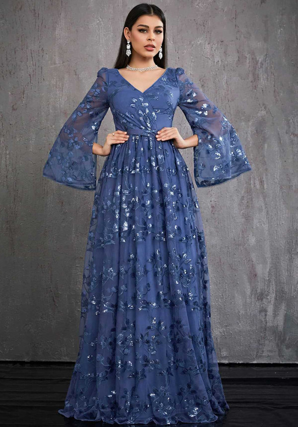 Women Sequined Long-Sleeve Blue V-Neck Party Evening Dress