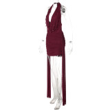 Women Winter Sexy V-Neck Halter Neck Backless Bodycon Dress