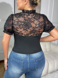Plus Size Women Sexy Lace See-Through Lace-Up Top T-shirt