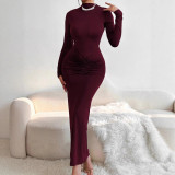 Women Sexy Solid Pleated Maxi Dress