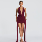 Women Winter Sexy V-Neck Halter Neck Backless Bodycon Dress