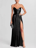 Women Strapless Ruffled Slit Sleeveless Dress