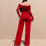 Women Casual Off-Shoulder Pearl Mesh Long-Sleeve Wide-Leg Jumpsuit